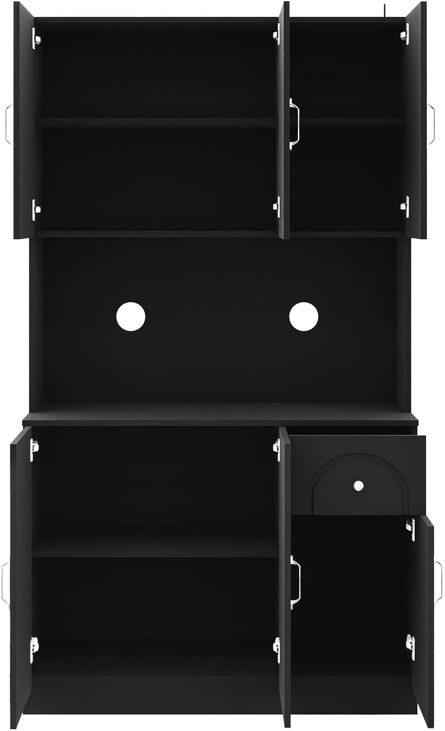 Kitchen Pantry Storage Hutch Cabinet, Tall Kitchen Cupboard & Stand Alone Pantry with Microwave Oven Countertop|Adjustable Shelves|Doors|Drawer (Black)