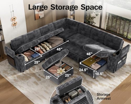 Vipbear 130" Modular Sectional Sleeper Sofa with Pull Out Bed, 9 Seat Corduroy L Shaped Couch with Ottoman and Chaise|USB Ports|Cup Holders|Side Table, Tool Free Assembly, Grey