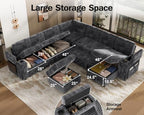 Vipbear 130" Modular Sectional Sleeper Sofa with Pull Out Bed, 9 Seat Corduroy L Shaped Couch with Ottoman and Chaise|USB Ports|Cup Holders|Side Table, Tool Free Assembly, Grey