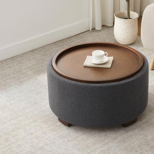 Zihanhome 30 Inch Round Storage Ottoman, Ottoman Coffee Table with Lift Off Lid, Boucle Modern Ottomans with Storage for Living Room, Bedroom, Apartments (Grey)