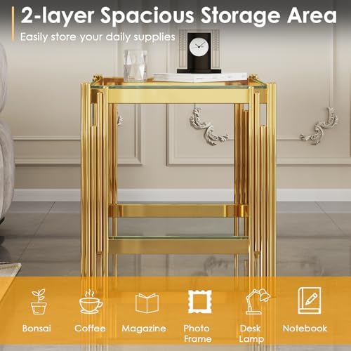 Small Side Table, Square End Table with Tempered Glass & Irregular Gold Stainless Steel Base, 2-Tier Modern Glass End Table with Storage Shelves, Luxury Accent Sofa Table for Living Room, Bedroom