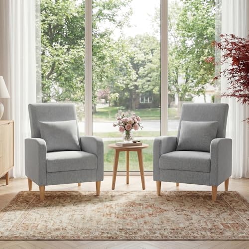 COLAMY Mid-Century Modern Upholstered Accent Chair with Back Pillow & Solid Wood Legs, Fabric Cozy Armchair for Living Room, Bedroom, Reading Nook, Apartment & Small Spaces, Lightgrey