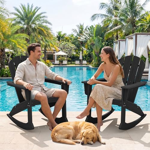 SERWALL Outdoor HDPE Adirondack Rocking Chairs, All-Weather, Black, 2PCS | The rocking chair features safe rocking design, ergnomic structure and all-weather HDPE frame for lasting outdoor use