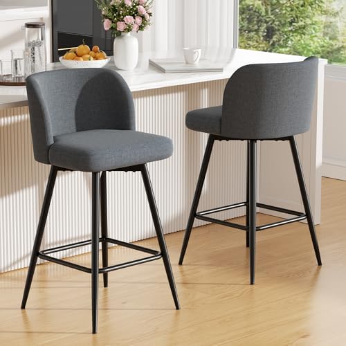 Swivel Bar Stools Set of 2, 26" Counter Height Bar Stools with High Back and Metal Legs, Fabric Bar Chairs, Modern Barstools for Kitchen Island, Light Grey