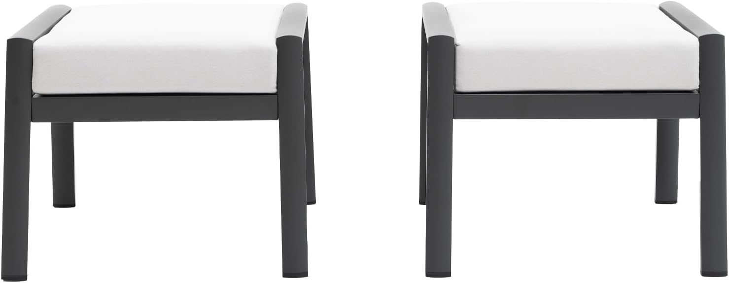 Outdoor Patio Ottoman Set of 2 Outdoor Footrests for Patio Outdoor Aluminum Ottomans and Footstools with Grey Cushions, Dark Grey Frame