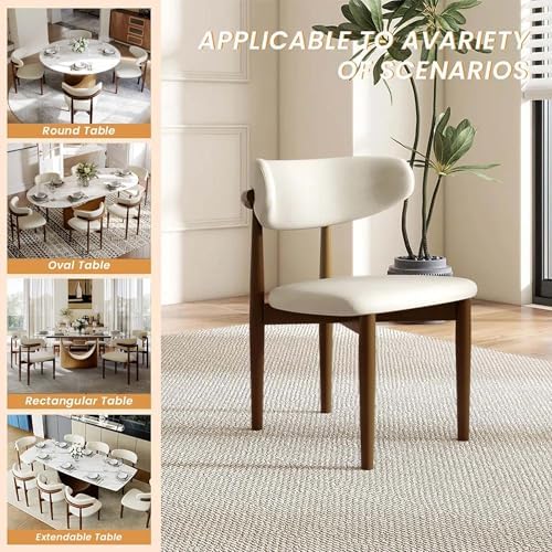 POVISON Modern Dining Room Chairs Set of 6, Armless Cotton Linen Dining Chair Set with Sackcloth Cushions and Dark Walnut-Coloured Ash Wood, Pre-Assembled Design (Beige)