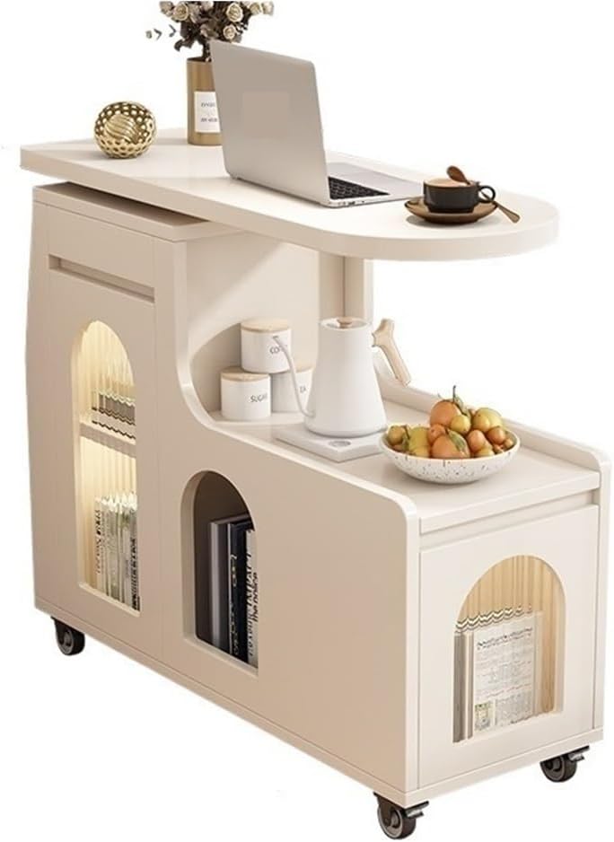 Swivel Trays Side Table with Storage, Mobile End Table on Lockable Wheels, Space-Saving Nightstand Coffee Table for Living Room, Bedroom(White,35.4x15.7x29.5in)