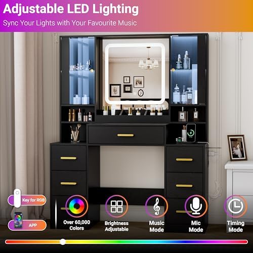BORNOON Vanity Desk with Mirror and Lights, Makeup Vanity with 7 Drawers, 2 Glass Door Cabinets, Charging Station, Adjustable Shelves, RGB Lighting, Holder