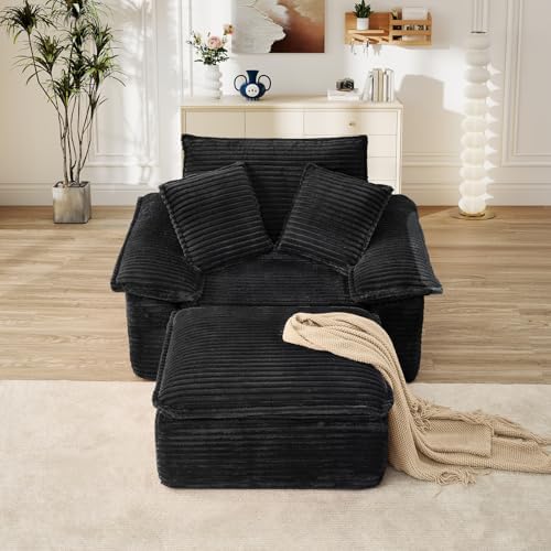 Oversized Chaise Lounge Chair Indoor with Ottoman, Upholstered Corduroy Modern Sofa Chair, Deep Seat Comfy Reading Armchair, Sleeper Sectional Couch for Living Room/Bedroom(47.6"W, Black)