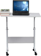 Portable Laptop Computer Desk Stand with Wheels, Rolling Sofa Side Snack Table, Height Adjustable Breakfast TV Tray Bedside Coffee， White L