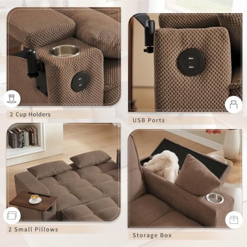 oaaktu ﻿ Large Size Convertible Sleeper Sofa Bed,Polka dot Velvet Pull Out Futon Couch with Storage handrails & Rotating Side Tables,Convertible Sofa Couch for Living Room,RV (Coffee)