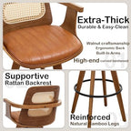 Mid Century Counter Stools, 26.3" Kitchen Island Stools with Curved Back | 360° Swivel, Ergonomic Rattan Back, Walnut Bentwood Frame, Natural Wood Legs, Faux Leather Upholstered for Kitchen, Island