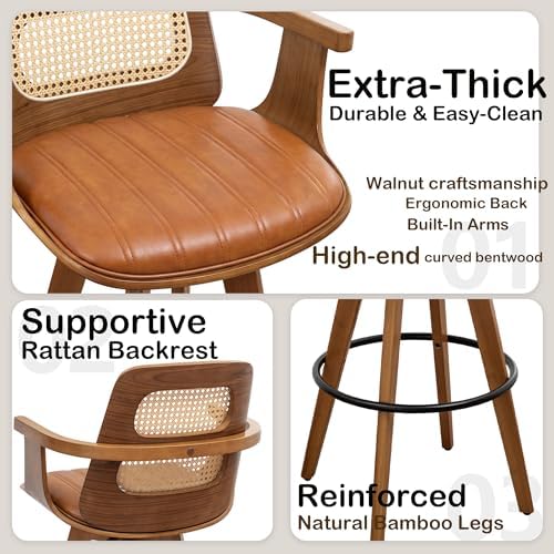 Mid Century Counter Stools, 26.3" Kitchen Island Stools with Curved Back | 360° Swivel, Ergonomic Rattan Back, Walnut Bentwood Frame, Natural Wood Legs, Faux Leather Upholstered for Kitchen, Island