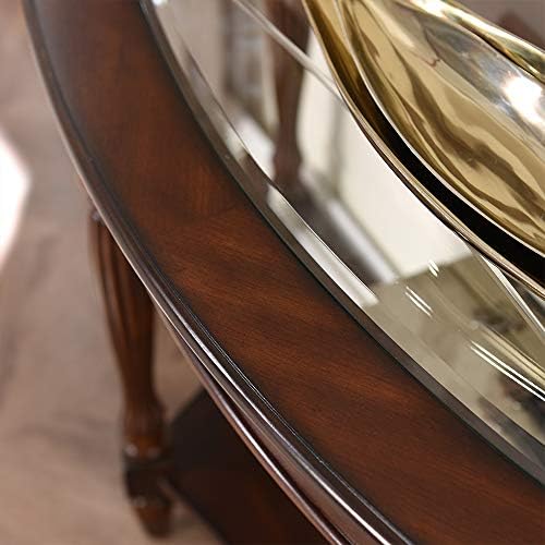 PADMA HOUSE 2-Tier Traditional Wood Semi-Circle Sofa Table with Glass Top | Cherry Walnut 45.3"W*17.7"D*30.9"H, Half-moon Console Table with Shelf for Living Room, Glass Entry Table for Homeoffice