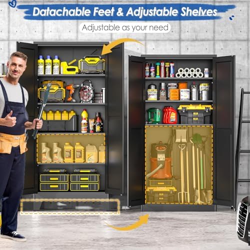 GAIOUS 71" Tall Metal Storage Cabinet with 2 Doors and 4 Adjustable Shelves | Kitchen Pantry Cabinet Black Freestanding Cupboard, 5 Tier Multifunctional Steel Storage for Office, Kitchen, Dining Room