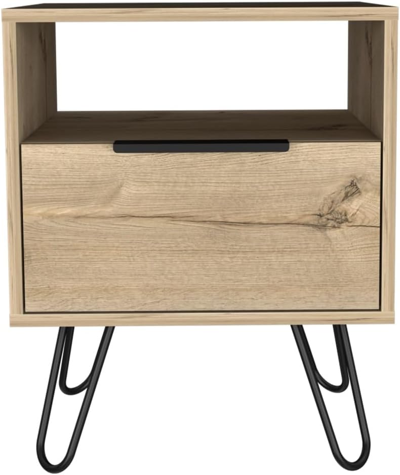 Nightstand 22" H, One Open Shelf, Single Door Cabient, Hairpin Legs, Light Oak,for Small Spaces