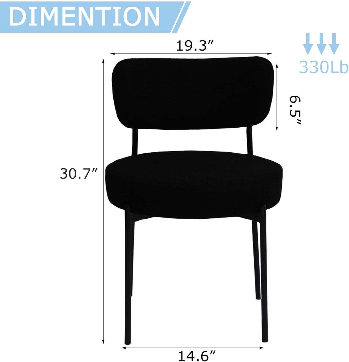 2.7" Black Dining Chairs Set of 6, Boucle Dining Chair with Curved Backrest & Metal Legs, Kitchen Chairs with Adjustable Non-Slip Foot Pads, Mid Century Dining Chair for Living Room