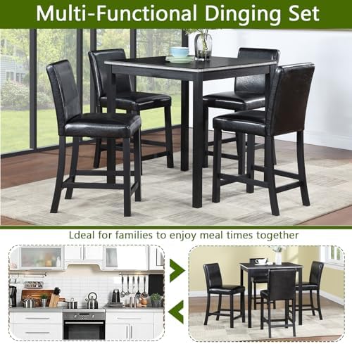 LUMISOL Dining Table Set for 4, Solid Wood Counter Height Kitchen Table Set with 4 Upholstered Chairs, Farmhouse Table and Chairs for Kitchen, Dining Room, Home Bar, Black