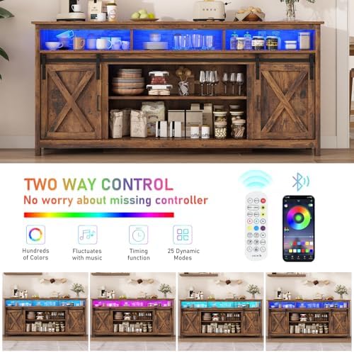 70" LED Farmhouse TV Stand for 80/75/70 Inch TVs,Tall Entertainment Center Storage Cabinets w/Power Outlets and Sliding Barn Door,Rustic TV Stands for Living Room,Media Console Cabinet (Brown)