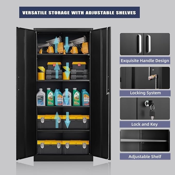 Guizeeopo Metal Storage Cabinet with Adjustable Shelves, Garage Storage Cabinets with Doors and Shelves, File Cabinets for Home Office, Kitchen Pantry Cabinet, 71'H, Black