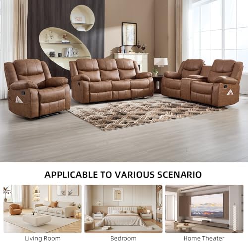 EBELLO 3 Pieces Faux Leather Recliner Sofa Furniture Set, Includes a Manual Reclining 1 Seat Chair, a Loveseat and a 3 Seat Couch, with Cup Holders and Storage for Living Room, Brown