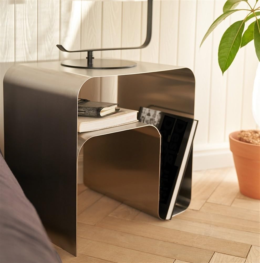 Modern Stainless Steel Night Stand, Side Table with Storage Shelf, Small End Table, Vintage Accent Coffee Table for Bedroom and Living Room