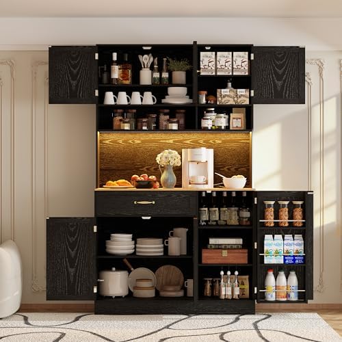 FJTJBSI 72" Kitchen Pantry Cabinet with LED Light and Charging Station Tall Pantry Storage Cabinet with Adjustable Shelves and Door Shelves Modern Kitchen Hutch with Countertop Black