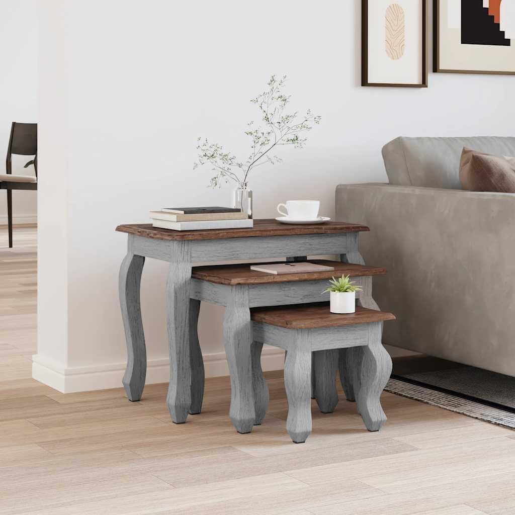 Nesting Table Set 3 Pieces Solid Mahogany Wood | Antique Style, Handmade, Vintage Finish, Space Saving, Living Room Accent