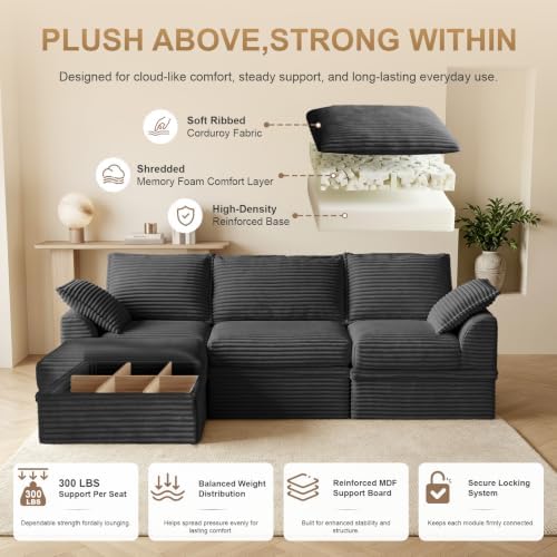 Upgraded Couch with Storage, Sectional Couches for Living Room, L-Shaped Modular Cloud Corduroy Sofa with Ottoman & Pillows, Oversized Deep Seat Memory Foam Couch, No Assembly(Gray, 107" L)
