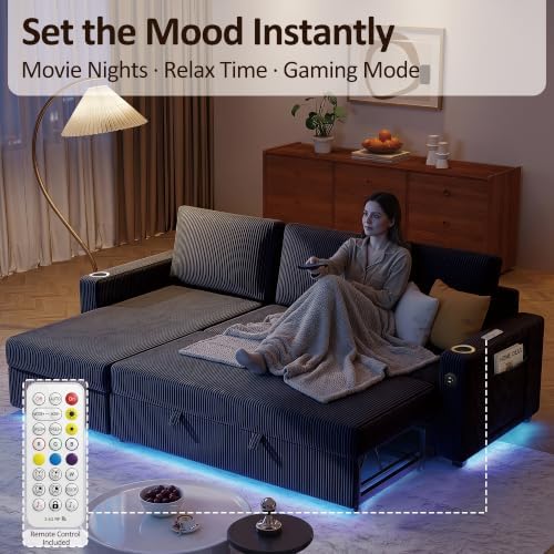 Ball & Cast 80" Sectional Sleeper Sofa Bed Pull Out Couches for Living Room | L Shaped Convertible Pull Out Sofa Bed with Storage Chaise, LED Lights, Foldable Table, USB Ports, Cup Holder and Side Pocket