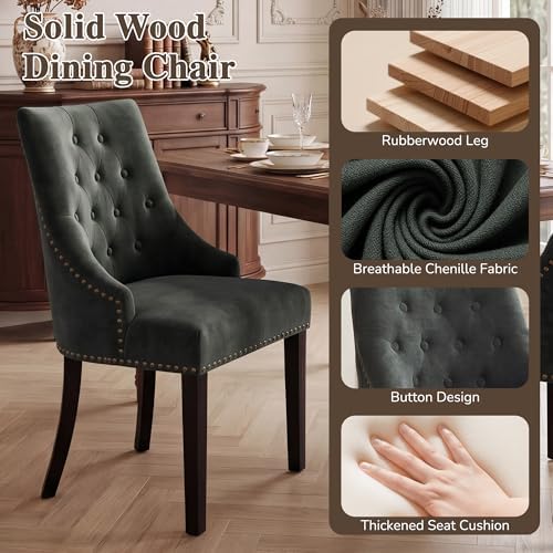 LSSBOUGHT Tufted Dining Chairs, Upholstered Accent Chairs with Nailhead Trim Solid Wood Legs for Kitchen & Dining Room (Green, Set of 2)