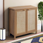 SICOTAS Sideboard Buffet Cabinet with Large Storage - Boho Rattan Credenza Coffee Bar Cabinets with Adjustable Shelves, Buffet Console Table for Kitchen Living Room Hallway - Oak