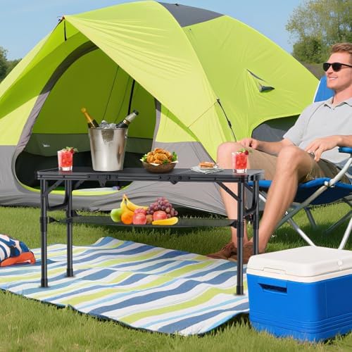 Anbte Folding Camping Table with Storage Net, 3ft Portable Table, 35" x 16" | Aluminum Folding Table, 3 Adjustable Height Max 27.5", Picnic Table For Indoor Outdoor Backyard Travel Tailgate, Pure Black