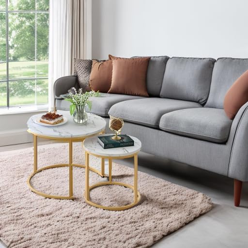 aboxoo Coffee Table Nesting White Set of 2 Side Set Golden Frame Circular Round and Marble Pattern Wooden Tables, Living Room Bedroom Apartment Modern Industrial Simple Nightstand
