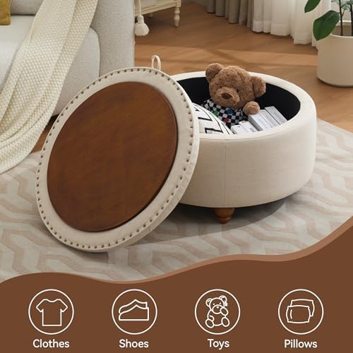 WUTUTUEE 30Inch Round Storage Ottoman with Tray, Modern Tufted Fabric Circle Coffee Table with Storage, Upholstered Ottoman with Removable Top for Living Room, Bedroom, Khaki
