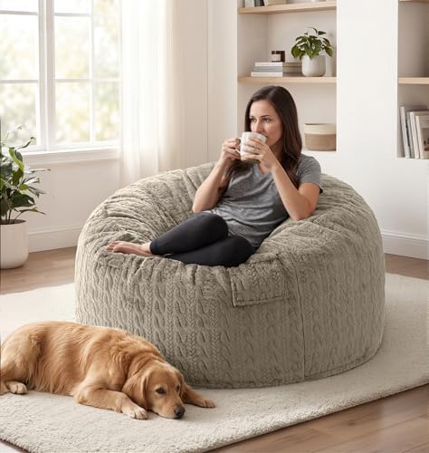 Large Bean Bag Chairs 3FT Big Adults BeanBag Chairs with Filler Memory Foam | Luxurious Braided Fabric,Washable Removable Cover,Comfy Bean Bag with Filling Lounging Gaming Bedroom Dorm Room | Brown 3FT