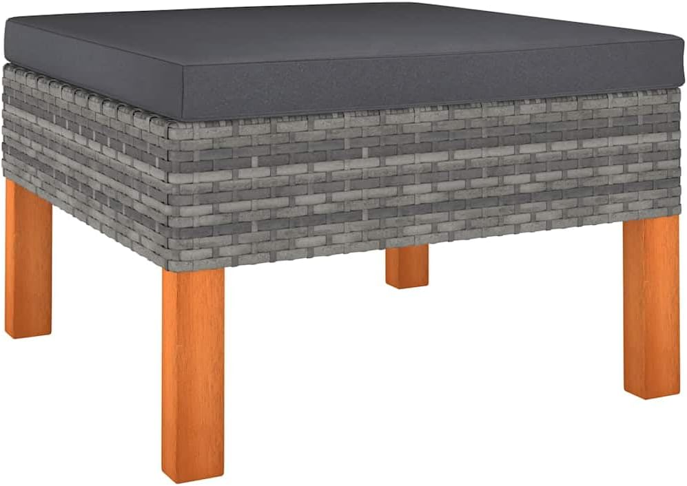 Poly Rattan Footstool with Solid Eucalyptus Wood Legs, PE Rattan Outdoor Indoor Footstool with Removable Washable Cushion, Powder-Coated Steel Frame Garden Footrest for Relaxing