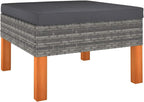 Poly Rattan Footstool with Solid Eucalyptus Wood Legs, PE Rattan Outdoor Indoor Footstool with Removable Washable Cushion, Powder-Coated Steel Frame Garden Footrest for Relaxing