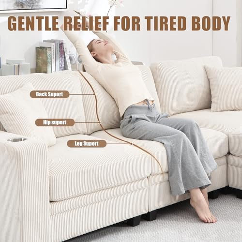 97" Modular Sectional Couch with Storage, Corduroy 3-Seater L Shaped Sofa with Ottoman Chaise, Removable Sofa Cover, Cloud Modular Sofas for Living Room, Apartment