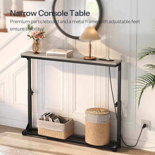 HOOBRO Narrow Console Table with Charging Station, Adjustable Height Sofa Table (25''-32.9''), Slim Behind Couch Table for Small Spaces, Entryway, Living Room, 39.4" Greige BG95UXG01