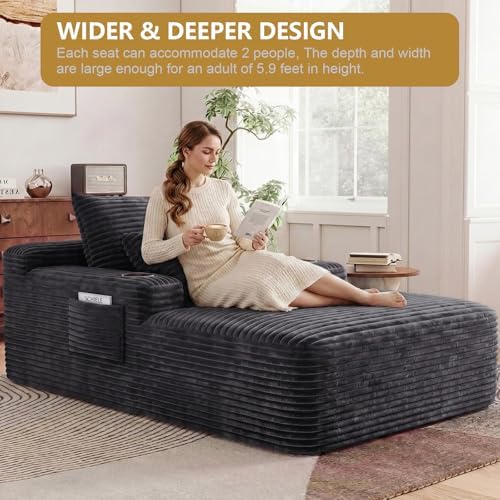 65" Oversized Chaise Lounge Chair Indoor, Chaise Lounge Chair with Cup Holders Side Pockets 3 Pillows, Cloud Corduroy Chaise Sofa Bed Sleeper Couches for Living Room No Assembly Require,Grey