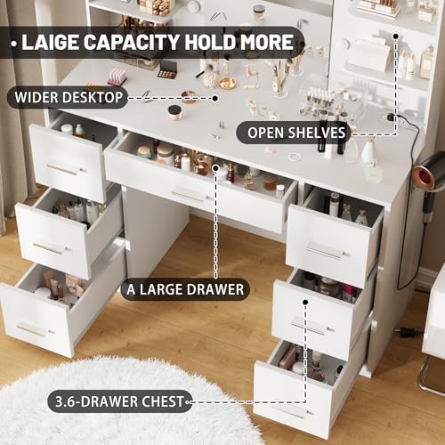 Furmax Vanity Desk with LED Mirror,Power Outlet,7 Drawers Makeup Table | LED Lighted Mirror & Built-in Outlet,7 Drawers and 6 Shelves,Organized Makeup Storage for Bedroom,White