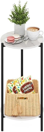 Pemberly Row 2-Tier Modern Round End Table, 11.57 x 11.57 x 23.62 Inches, Composite Wood and Sturdy Metal Legs, White Marble Finish, Space-Saving Design for Living Room or Bedroom