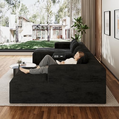 ONEMMLION 143" Oversized Cloud Sectional Couch for Living Room, Black | Corduroy, Fluffy Big U-Shaped Modular Sofas, Memory Foam, 19" Comfort-Height Seating, Cup Holder, USB Port, Storage Console