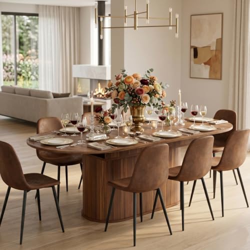 55"-71" Extendable Dining Table Set for 8, Oval Dining Room Table Set for 8, Modern Wood Kitchen Table Upholstered Chairs Set of 8, Ideal for Dining Room,Office, Space-Saving
