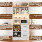 DreamDashio Pantry Cabinet with Adjustable Shelves and 3 Drawers, Tall Kitchen Pantry Storage Cabinet with LED Light & Charging Station, Kitchen Hutch with Microwave Shelf & 6 Hooks for Dining Room