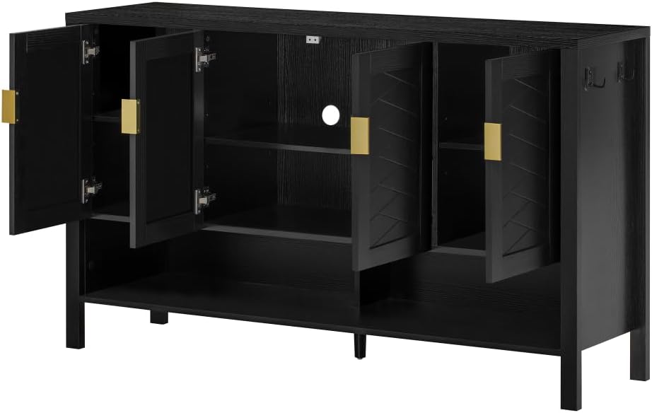 U_STYLE 55.1''Storage Sideboard with 4-Doors,Multi Functional Buffet with Open Shelf and 2-Tiers Adjustable Shelves,Modern Cabinet with Double Hooks,Suitable for Living Room, Hallway, Dining,Office.