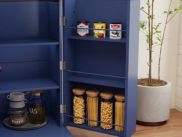 Kitchen Pantry Cabinet with Drawer Storage, 48” Modern Farmhosue Kitchen Hutch with Glass Doors, Blue Storage Cabinet with Countertop and Adjustable Shelves for Dining Room, Living Room