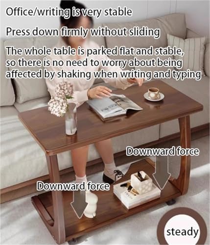 Modern C Shaped Solid Wood End Table with Rolling Wheels | Portable Mini Couch Table for Small Spaces | Square Corner Table for Living Room, 60cm