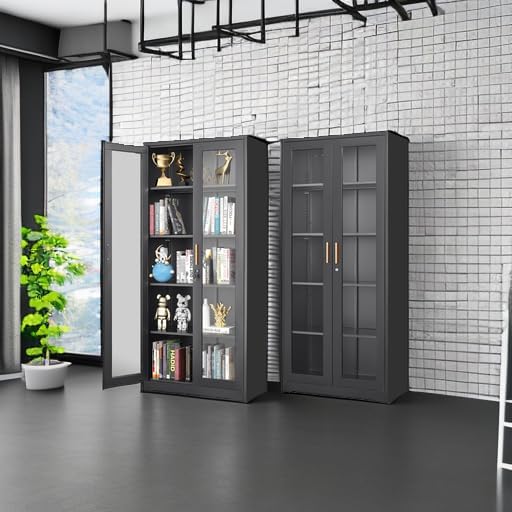 Glass Display Cabinet, 71" Tall Metal Curio Cabinet with Glass Doors, Black Display Case, Storage Cabinets with 4 Adjustable Shelves, Locking Storage Cases for Hallway, Kitchen, Living Room